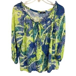 David Cline Crinkle Knit Peasant Shirt  Size XS  Lime Floral Top  NWT $128